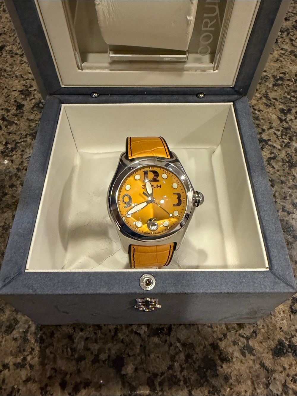 Corum Bubble -- Men's Yellow Dial Leather Strap Watch